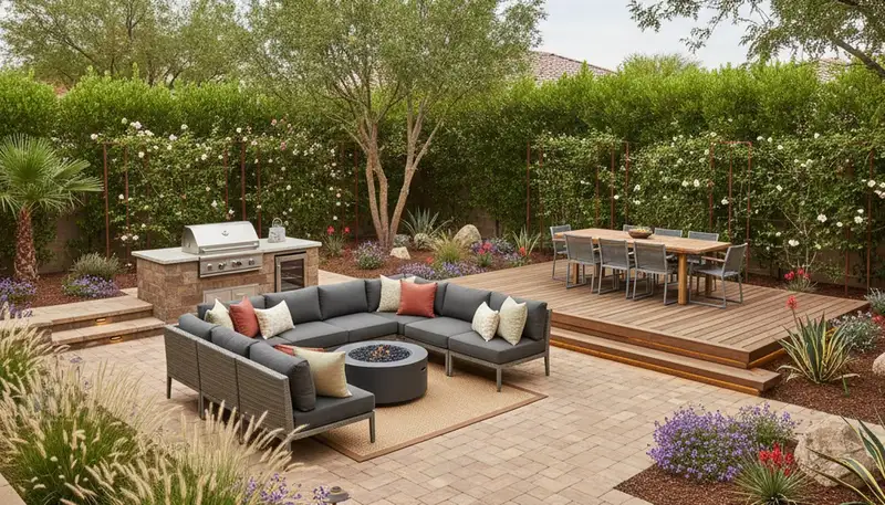 Backyard patio landscaping with seating and lighting by professional landscapers in Chandler, AZ