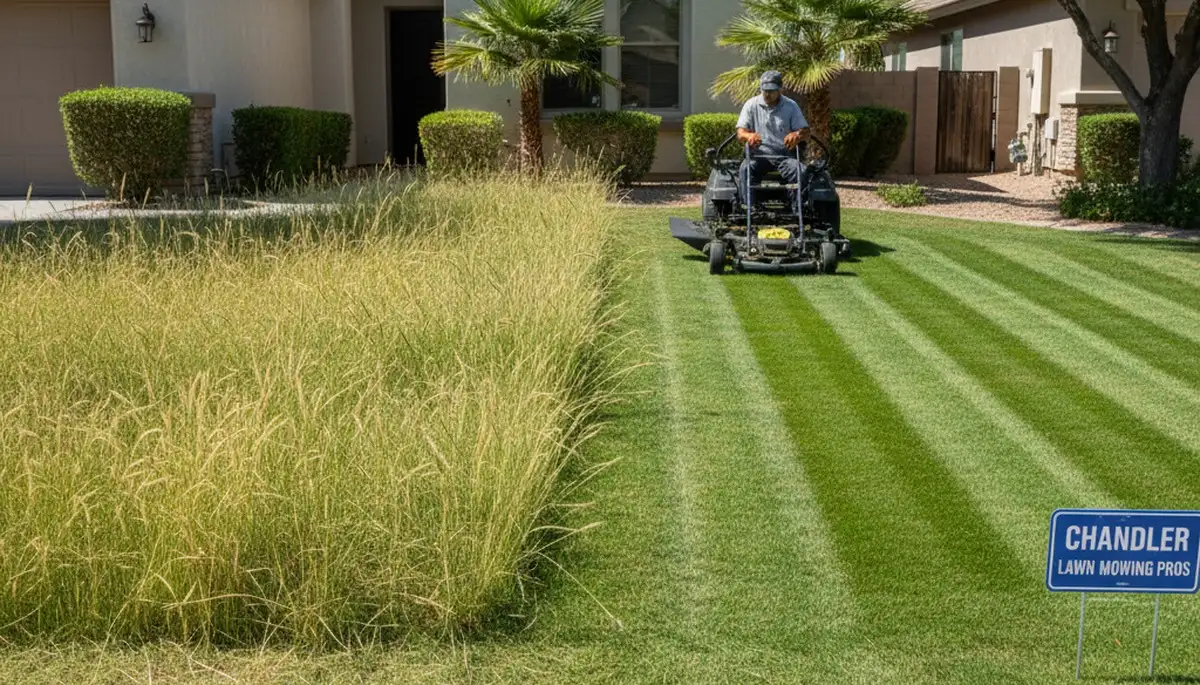 Before and after lawn mowing showing overgrown yard transformed into neat grass in Chandler, AZ