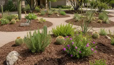 Organic landscape beds with natural mulch and native plants in Chandler, AZ by Chop Chop Landscaping