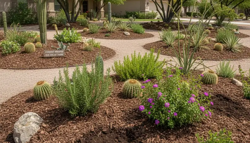 Organic landscape beds with natural mulch and native plants in Chandler, AZ by Chop Chop Landscaping