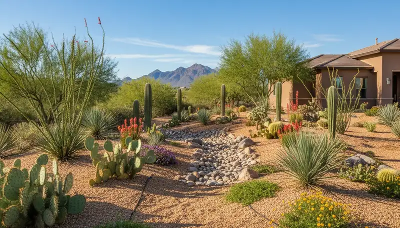 Professional desertscape with native plants and rock mulch in Chandler, AZ by Chop Chop Landscaping