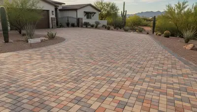 Completed interlocking paver driveway by professional landscapers in Chandler, AZ enhancing curb appeal