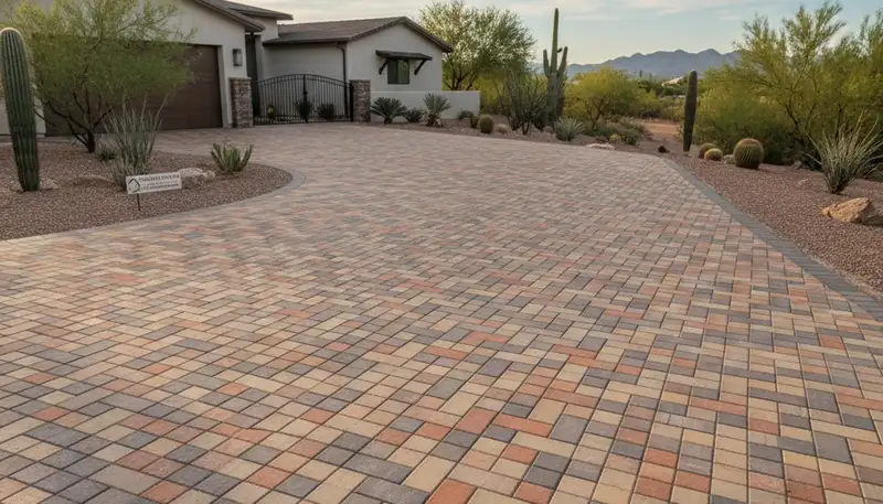 Completed interlocking paver driveway by professional landscapers in Chandler, AZ enhancing curb appeal
