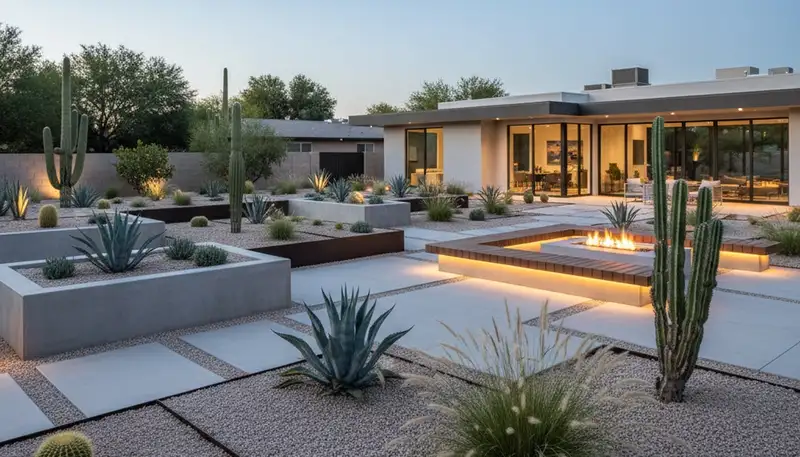 Modern pea gravel landscape design with clean lines and desert plants in Chandler, AZ