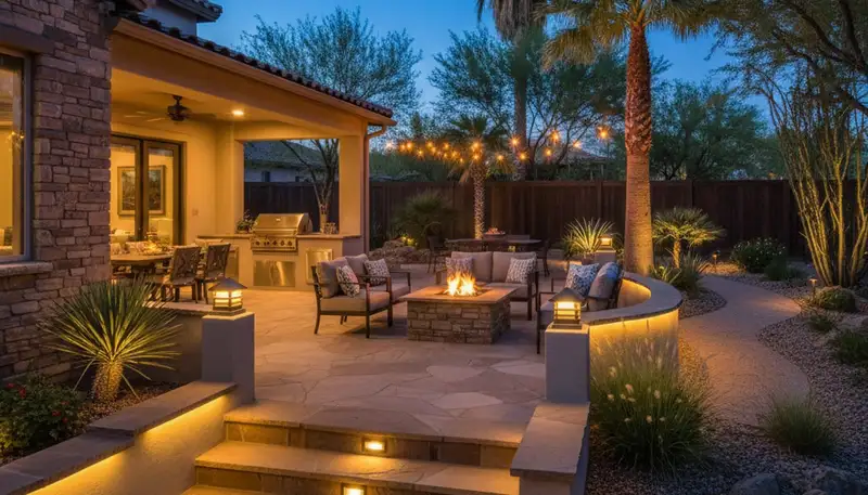 Professionally lit deck and patio with post cap and step lights by landscape lighting experts in Chandler, AZ