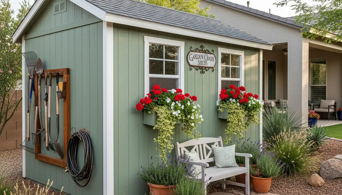 Decorative garden shed with custom landscaping in Chandler, AZ by Chop Chop Landscaping