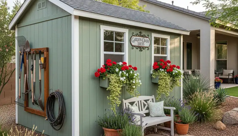 Decorative garden shed with custom landscaping in Chandler, AZ by Chop Chop Landscaping