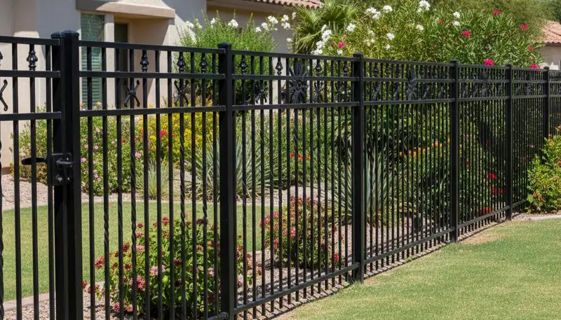 Black ornamental metal fence installation by Chop Chop Landscaping in Chandler, AZ