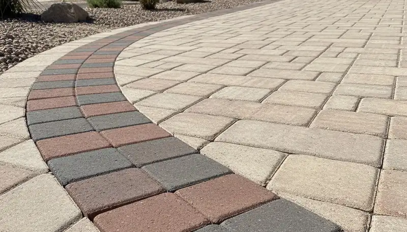 Decorative soldier course paver border with clean edging by driveway pavers in Chandler, AZ