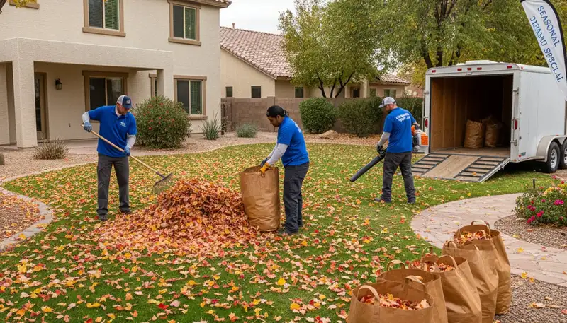 Landscapers raking and bagging fall leaves during yard clean up in Chandler, AZ residential yard