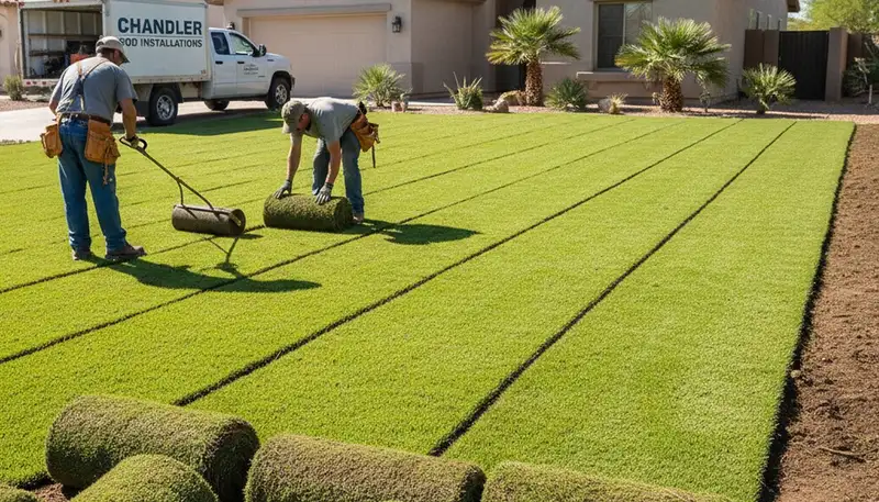 Professional sod installation with fresh turf rolls in Chandler, AZ by expert landscapers