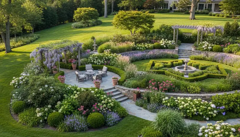 Full property landscape design with mature plants and hardscape by expert landscapers in Chandler, AZ