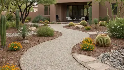 Pea gravel garden path with natural landscaping integration in Chandler, AZ by Chop Chop Landscaping