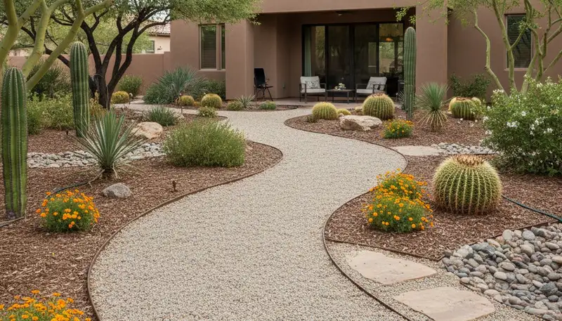 Pea gravel garden path with natural landscaping integration in Chandler, AZ by Chop Chop Landscaping