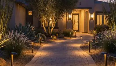 Evening walkway with warm path lights by Chop Chop Landscaping in Chandler, AZ enhancing curb appeal and safety