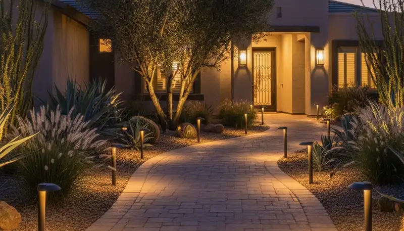 Evening walkway with warm path lights by Chop Chop Landscaping in Chandler, AZ enhancing curb appeal and safety