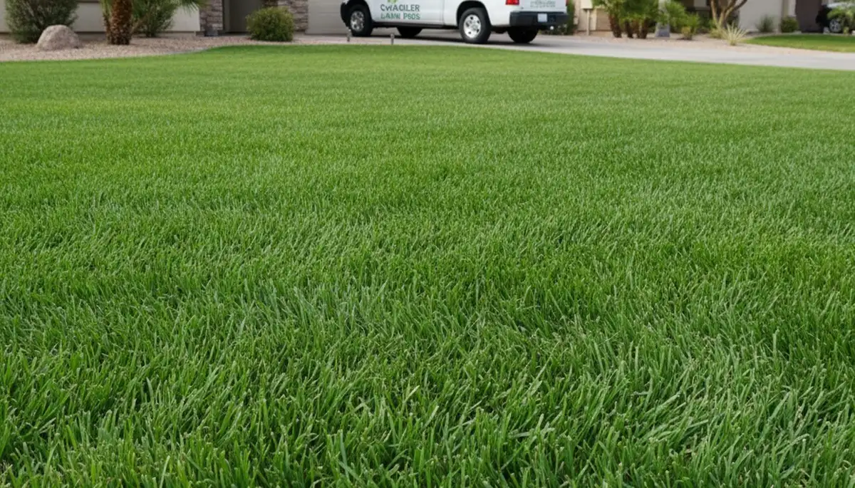 Lush green lawn care results by Chop Chop Landscaping in Chandler, AZ showcasing healthy turf density
