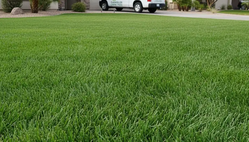 Lush green lawn care results by Chop Chop Landscaping in Chandler, AZ showcasing healthy turf density