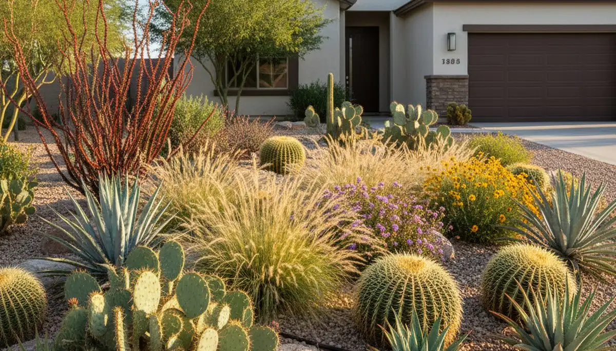Native desert landscape with cacti, succulents, and grasses in Chandler, AZ by Chop Chop Landscaping