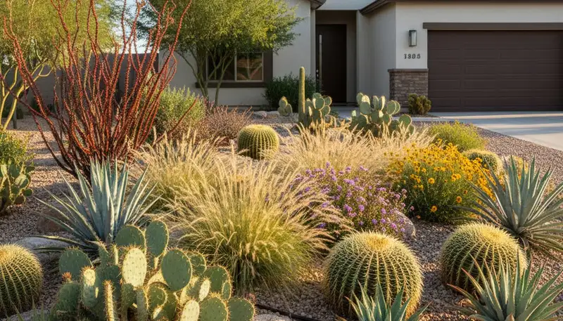 Native desert landscape with cacti, succulents, and grasses in Chandler, AZ by Chop Chop Landscaping