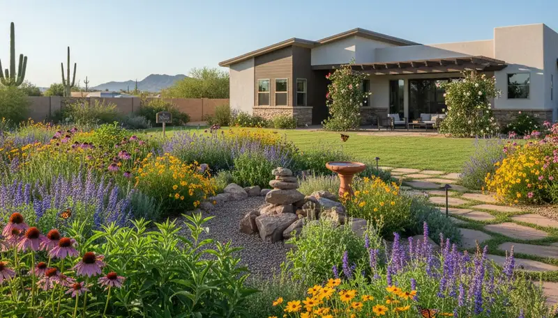 Organic native pollinator garden with bees and butterflies in Chandler, AZ by Chop Chop Landscaping