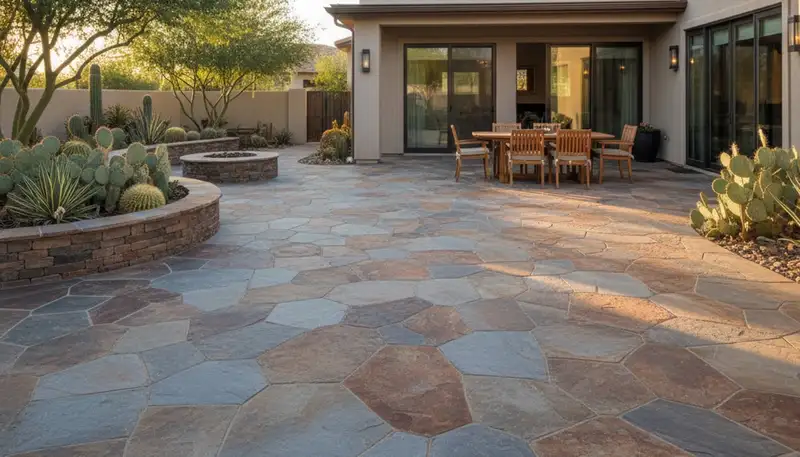 Flagstone patio with natural stone pavers installed by professional landscapers in Chandler, AZ