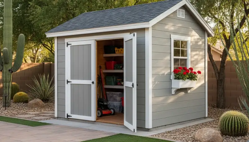 New backyard shed installation with finished landscaping in Chandler, AZ by professional landscapers