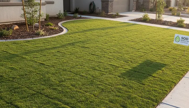 Freshly installed green sod lawn by professional landscapers in Chandler, AZ showcasing lush turf results
