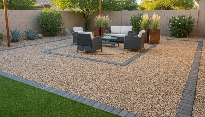 Professional pea gravel patio installation in Chandler AZ with outdoor seating and clean landscape design