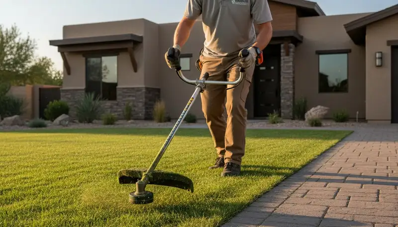 Technician performing precise lawn edging with string trimmer in Chandler, AZ for professional yard care