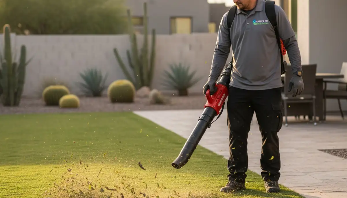 Landscaper using leaf blower for debris cleanup on Chandler AZ lawn during professional maintenance