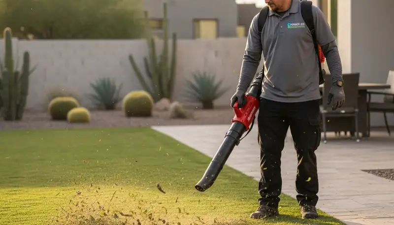 Landscaper using leaf blower for debris cleanup on Chandler AZ lawn during professional maintenance