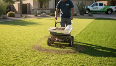 Lawn care technician applying fertilizer with spreader on residential lawn in Chandler, AZ