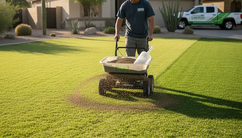 Lawn care technician applying fertilizer with spreader on residential lawn in Chandler, AZ