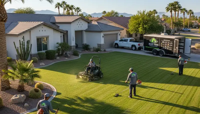 Professional lawn care crew mowing and edging a Chandler, AZ yard during full maintenance service