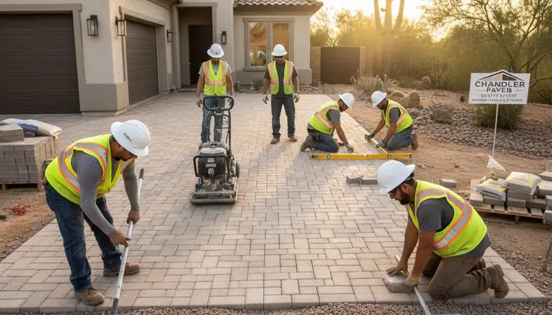 Crew installing driveway pavers in Chandler, AZ with precise leveling and base prep by Chop Chop Landscaping