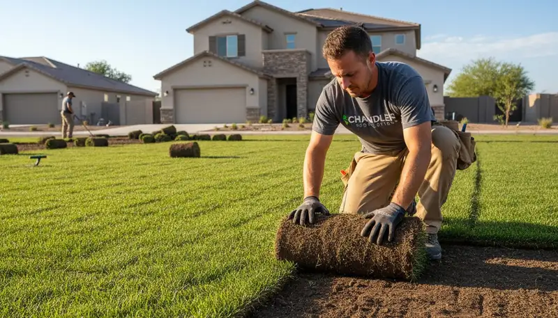 Professional landscaper installing fresh sod rolls in Chandler, AZ for expert lawn installation