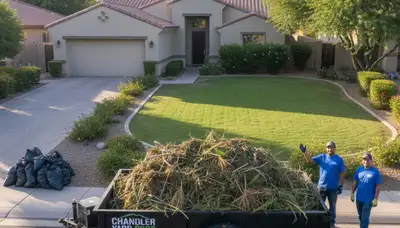 Professional yard debris removal and hauling at a Chandler AZ property by Chop Chop Landscaping