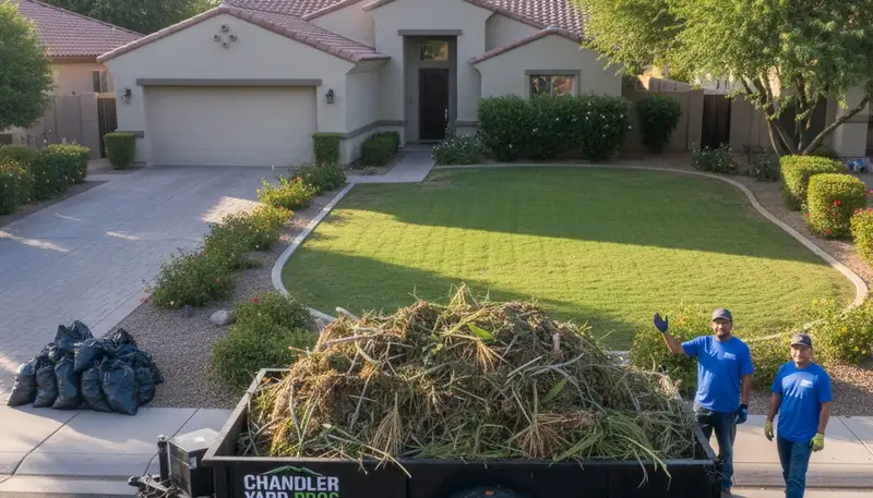 Professional yard debris removal and hauling at a Chandler AZ property by Chop Chop Landscaping