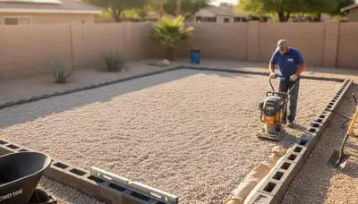 Professional shed foundation base preparation with gravel pad by landscapers in Chandler, AZ