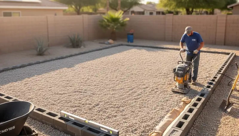 Professional shed foundation base preparation with gravel pad by landscapers in Chandler, AZ