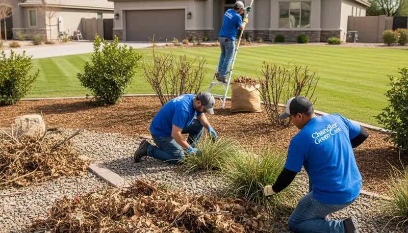 Spring yard clean up in Chandler AZ with debris removal, pruning, and garden bed restoration