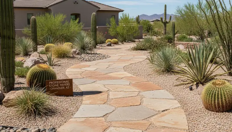 Curved stone paver pathway installation by professional landscapers in Chandler, AZ