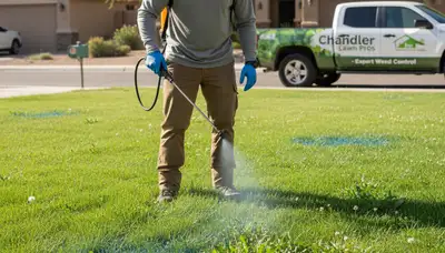 Lawn care expert applying targeted weed control with sprayer in Chandler, AZ yard