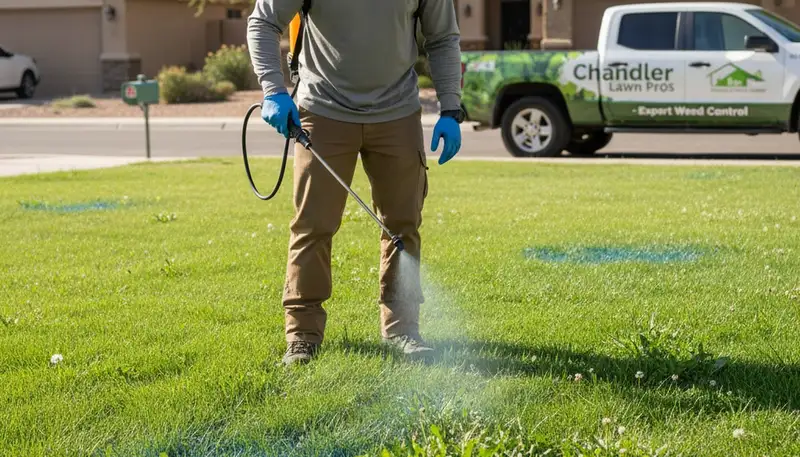 Lawn care expert applying targeted weed control with sprayer in Chandler, AZ yard